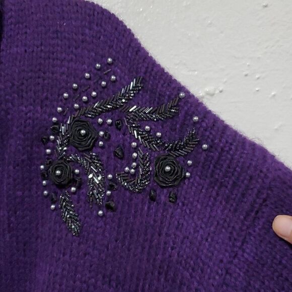 Vintage Cervlle Wool Cardogan Dister with Beading & Rose's in Purple Size M - Picture 6 of 15